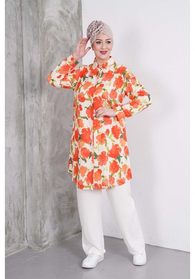 Polologin Butik Turuncu Çiçek Desenli Tunik Ve Krem Pantolon Takım Turuncu & Krem