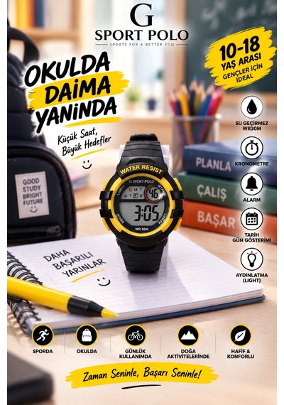 30m Suya Dayanıklı Işıklı Alarmlı Kronemetreli Takvimli Çocuk/genç Saati Sarı - 927843749 Çok Renkli