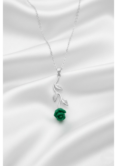 Çekirdekjewelry 925 Ayar Gümüş Rose Kaplama Yeşil Gül Detaylı Kadın Kolye Gri