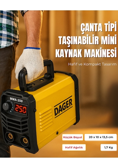Dager MMA250 250 Amper Inverter Mini Çanta Kaynak Makinesi Seti | IGBT | Dijital Ekran | Elektrod + Maske + Eldiven