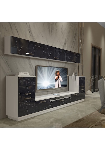 Decoraktiv Trendstyle 9 Mdf Tv Ünitesi Tv Sehpası Beyaz - Siyah Mermer