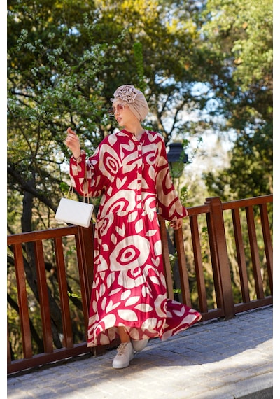 Polologin Butik Modern Desenli Bordo Tesettür Elbise Bordo