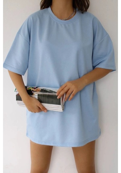 Unisex Bebe Mavi Pamuklu Oversize T-shirt - Bisiklet Yaka Bej