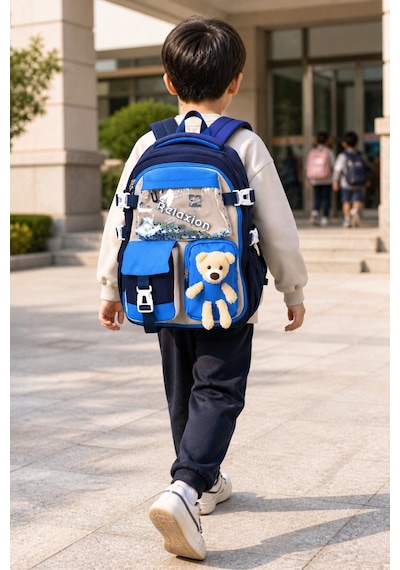 Mavi Lacivert Ayıcıklı Maskotlu Lüks Okul Sırt Çantası Geniş Ergonomik Çocuk 40x30x15 Cm Çok Renkli