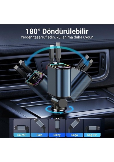 Acc-01 Rgb Işıklı 66w Araç Şarj Cihazı - 4in1 Geri Çekilebilir Makaralı Kablolu Type-c + Lightning Yıldızlı Tavan Projeksiyonlu Hızlı Araç Şarj Aleti