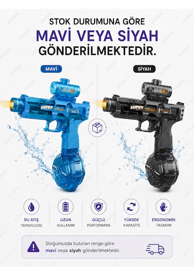 Nvg Elektrikli Su Tabancası Çocuk Oyuncak Su Tabancası Işıklı Sürekli Su Püskürtme Şarjlı Su Tanklı 3+ Yaş Mavi-siyah