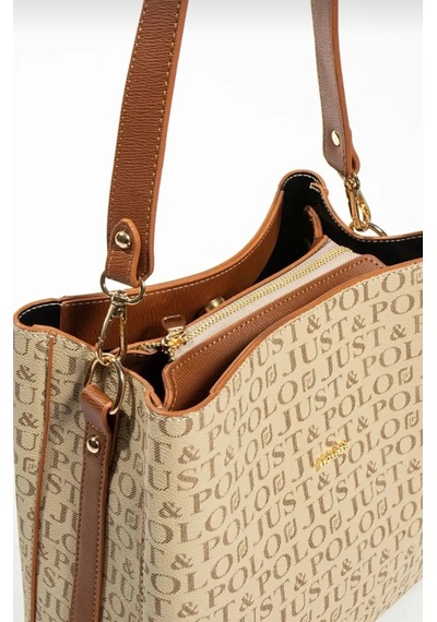 Just Polo Kadın Monogram Baskılı El Ve Omuz Çantası Ebat 25 X 25 Vizon Taba