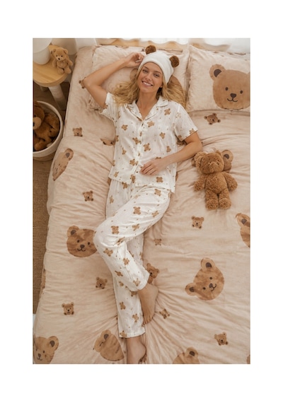Fit Women Ayıcık Desenli Bürümçük Kumaş Kısa Kollu Pijama Takımı 6068 Kırık Beyaz