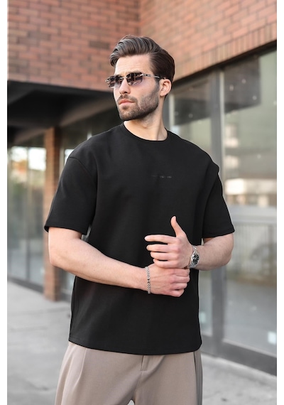Madmext Siyah Bisiklet Yaka Oversize Erkek Tişört E7176
