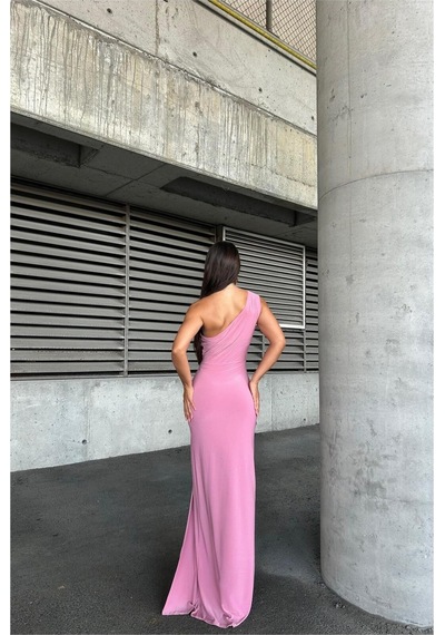 DefyModa Kadın Sandy Kumaş Tek Omuz Balık Kesim Abiye Elbise Pembe