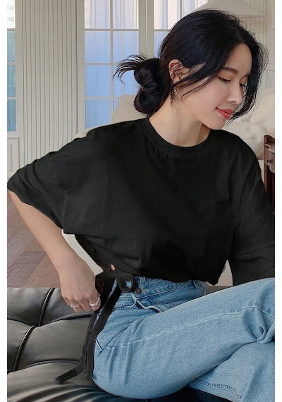 Kadın Oversize Basic Haki Tişört Yan Bağlamalı Rahat Kesim Günlük Yazlık T-shirt Siyah
