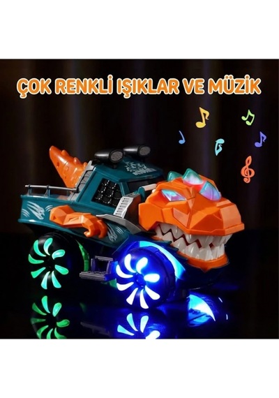 Turuncu-yeşil Hareketli Dinozor Oyuncak Araba - Işıklı, Müzikli, Çarp Dön Özellikli T-rex Kamyon 2 Yaş+ Çok Renkli
