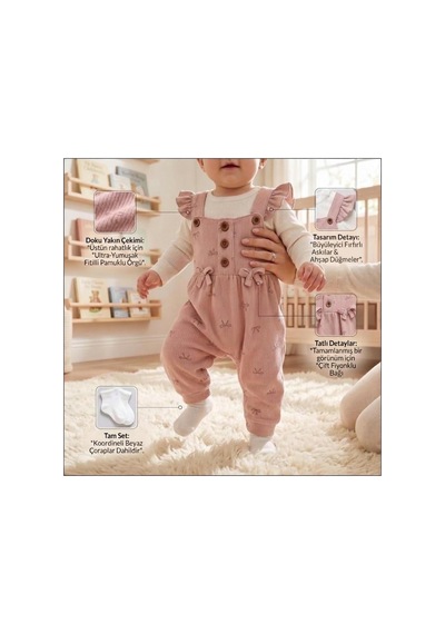 Altıntaş Baby Kız Bebek Fiyonk Desenli Tulum Krem Nar Çiçeği Krem Nar Çiçeği