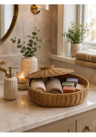 Morponi Kapaklı Oval Bambu Masaüstü Organizer - Banyo Ve Ev Düzenleyici Hasır Kutusu Cos-9217 Sarı