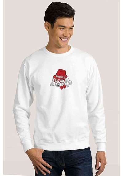 Kırmızı Şapka Ile Köpek Yay Ve Baskılı Beyaz Erkek Örme Sweat