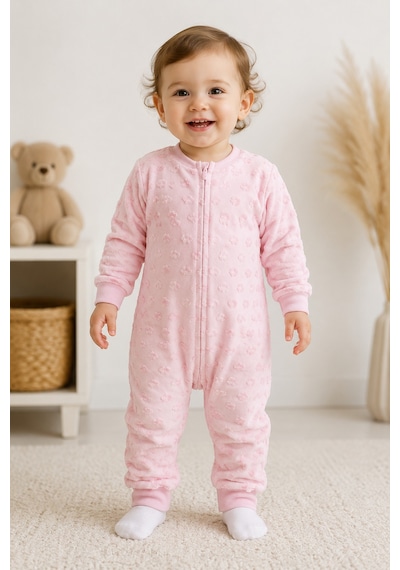 Babyhola 1.5 Tog Gül Ve Yıldız Desenli Kadife Uzun Kollu Bebek Uyku Tulumu 2710 Pembe
