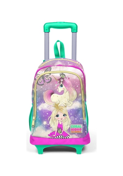 Coral High Kids Pembe Su Yeşili Unicornlu Kız Desenli Üç Bölmeli Çekçekli Okul Sırt Çantası 23933