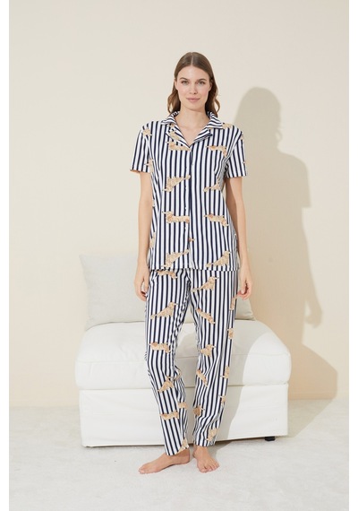 Siyah İnci Örme Düğmeli Pijama Takım 7755 Lacivert Beyaz