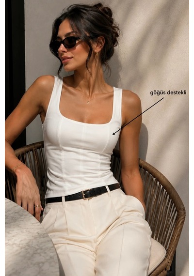 Bbbutikbasic Göğüs Destekli Poliamid Atlet Bluz Kare Yaka Toparlayıcı Body My3535 Beyaz