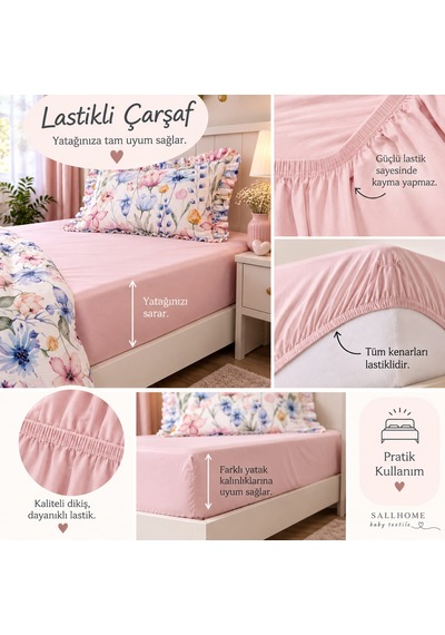 Sallhome Çiçek Bahçesi Desenli Fırfırlı Tek Kişilik Pike Takımı Açık Pembe