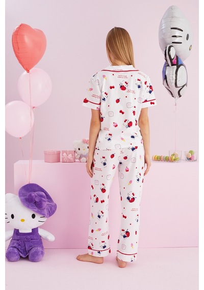 Siyah İnci Lisanslı %100 Pamuk Çok Renkli Düğmeli Biyeli Pijama Takım Hk056 Beyaz