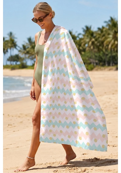 Zikzak Puantiyeli Modern Plaj Havlusu - Pastel Mint Pudra Gold Şık Hızlı Kuruyan Mikrofiber Havlu Bulut Tınısı