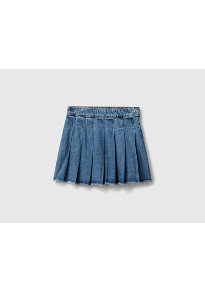 Benetton Kız Çocuk Pileli Yanı Fermuarlı Diz Üstü Denim Etek Mavi