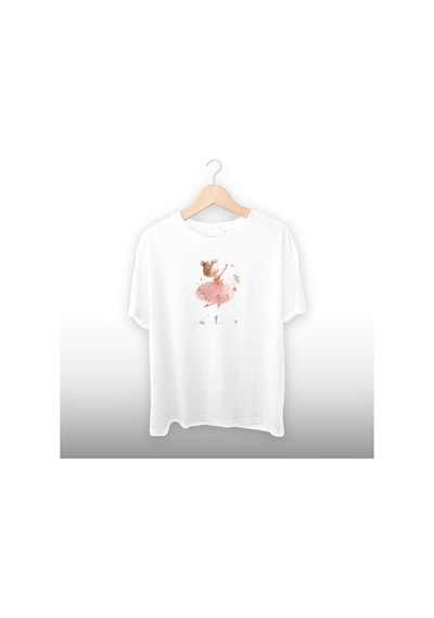 Balerin Detaylı Unisex Tişört Beyaz