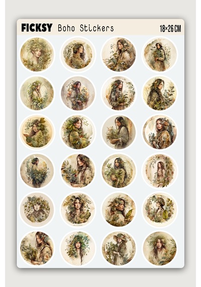 Boho Kadın Portre Sticker Seti - 60 Adet Etiket Çıkartma Diğer