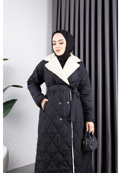 Harman Butik Kadın Astarlı Yandan İçi Kürklü Kapitone Uzun Mont Siyah Siyah