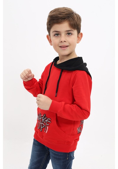 Toontoy Kids Toontoy Erkek Çocuk Relax Fit Kapüşonlu Cepli Renk Bloklu Baskılı Sweatshirt - 2 İplik Kırmızı