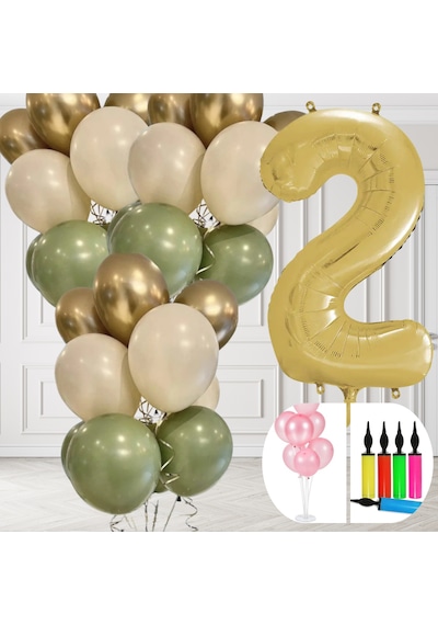 2 Yaş Balon Standlı Ve Pompalı Retro Küf Yeşili Krom Gold Kum Beji Balon Seti Gold Rakam Süsleme Çok Renkli