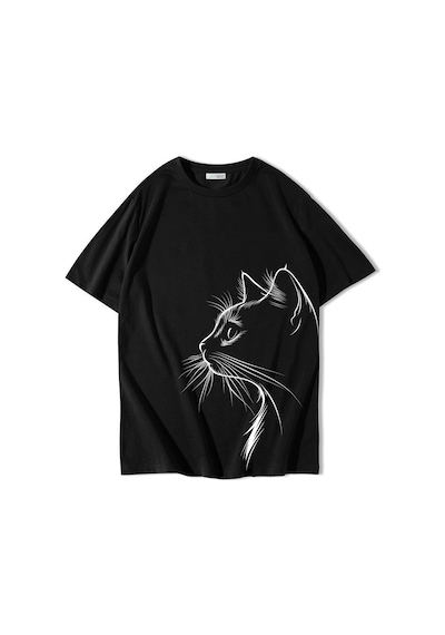 Brz Collectıon Brz Collection Unisex Oversize Midnight Cat T-shirt Siyah
