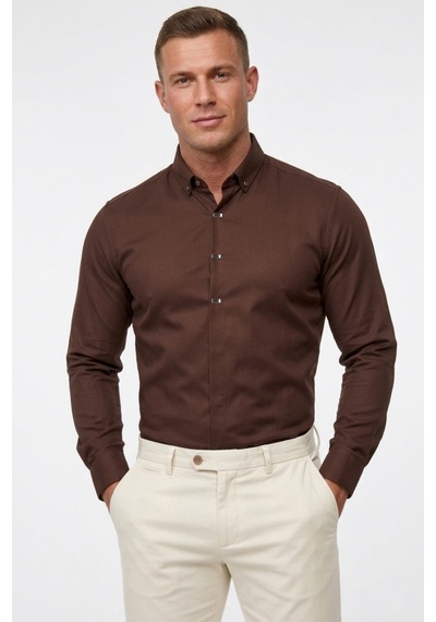 Deepsea Kahve Slim Fit Likralı Kolay Ütülenebilir Gizli Düğmeli Erkek Gömlek 2602614