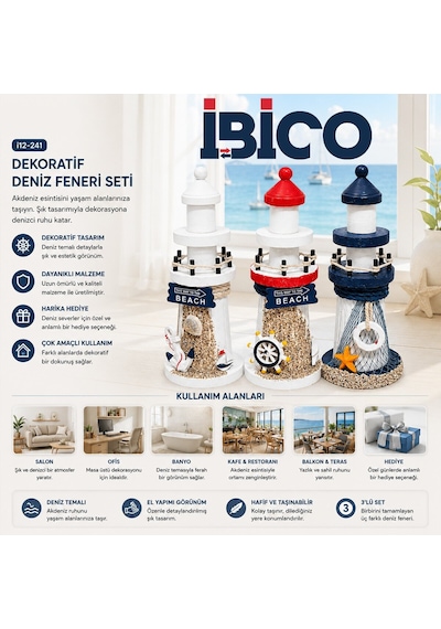 İbico İ12-241 Ahşap Deniz Feneri Maketi - Masaüstü Dekoratif Orta Boy 19 Cm- 6'li Paket Diğer
