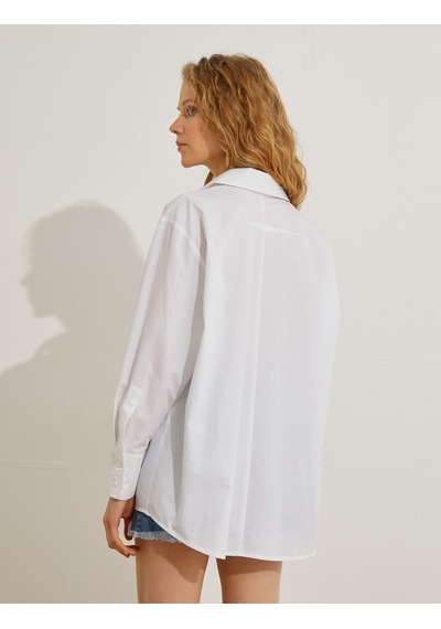 Koton Oversize Gömlek Cepli Nakış Detaylı Kırık Beyaz 3sak60094ew 3SAK60094EW001 Ekru