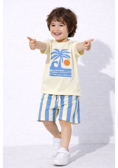 Miniko Kids Erkek Çocuk Palmiye Desenli Pamuk Şortlu Takım Mavi