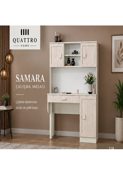 Samara Kitaplıklı Çalışma Masası Meşe - Beyaz