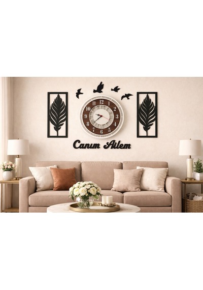 Şık Salon Saati 40 Cm Yaprak Temalı Canım Ailem Yazan No 30030 Kahverengi