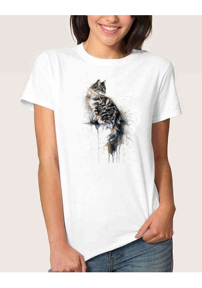 Watercolor Cat Kadın Beyaz Tshirt (534311818)