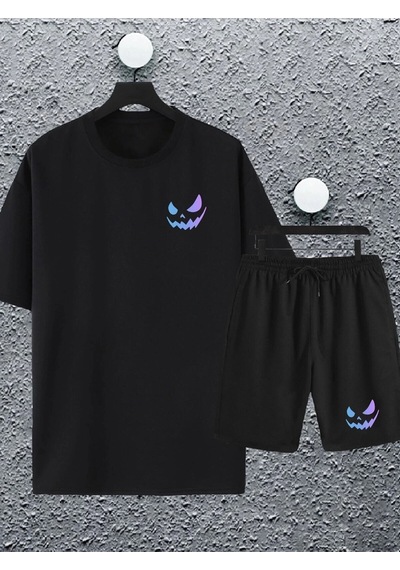 Adrift Unisex Kadın Erkek Renkli Gülen Yüz Baskılı Oversize Tshirt Ve Şort Eşofman Takımı Siyah