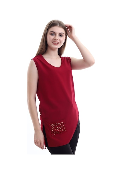 Self Clothing Kadın Bordo V Yaka Cep Ve Yırtmaç Detaylı Bluz Slf1246-Bordo