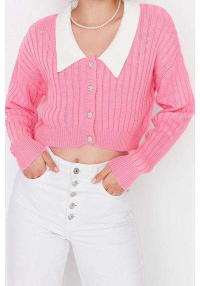 Ersefa Kadın Modern Tarz Regular Bebe Yaka Crop Triko Hırka Pembe