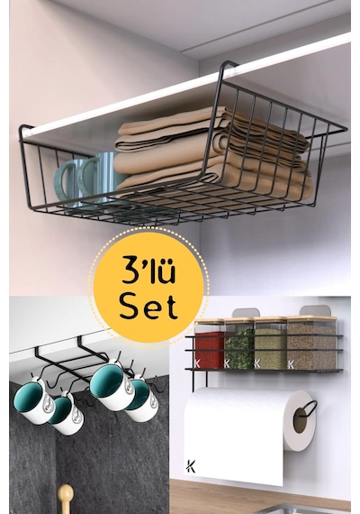 Karteya 3'lü Avantajlı Set Kanguru, 10 Kancalı Kupa Askılığı, Havlulu Raf Siyah Set Siyah