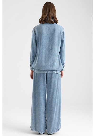 Olcay Büzgü Detaylı Soft Denim Ceket Pantolon İkili Takım Mavi 9472-tk