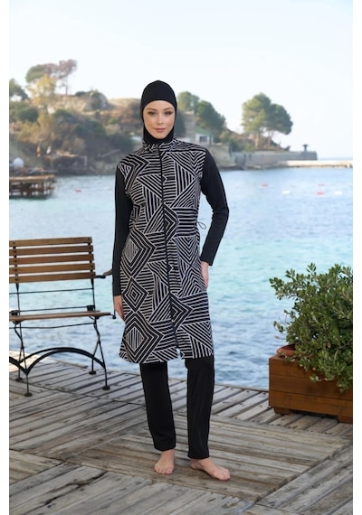 Estiva 25946 Siyah Fermuarlı Geometrik Desenli Tam Boy Tesettür Mayo Siyah