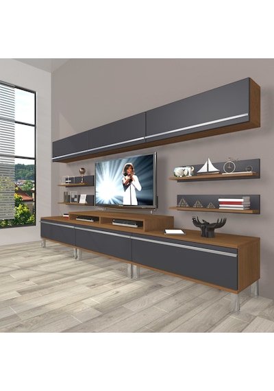 Decoraktiv Ekoflex 8y Mdf Krom Ayaklı Tv Ünitesi Tv Sehpası Ceviz - Antrasit