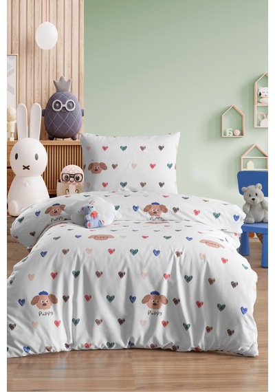 Eponj Home Tek Kişilik Pamuklu Nevresim Takımı 3 Parça Puppy Desen Beyaz / Yumuşak Dokulu Beyaz