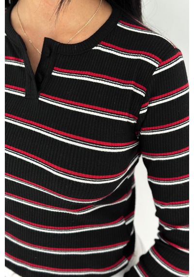 Noa & Noa Kadın Çizgili Düğme Detaylı Bluz Retro Stripe Siyah