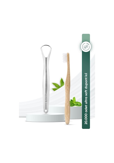 Tbrush Nano Doğal Bambu Vegan Diş Fırçası - Ultra Soft Beyaz Paslanmaz Çelik Dil Temizleyici